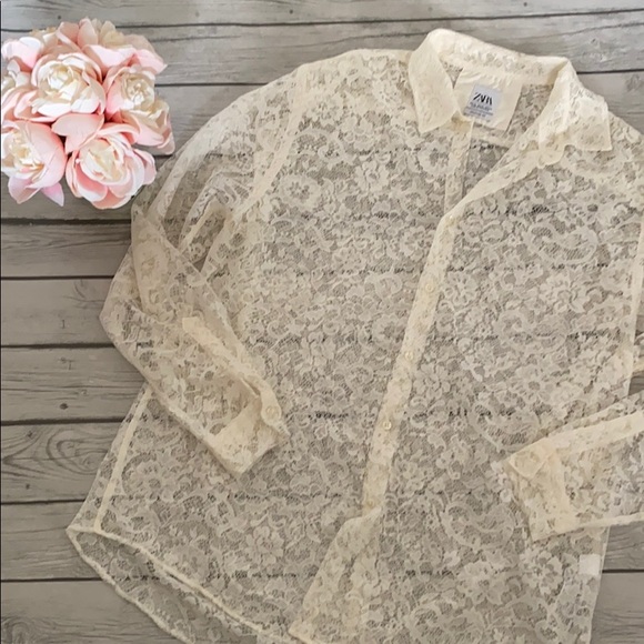 Zara Tops - Zara Relaxed Fit Lace Button Down Size XL